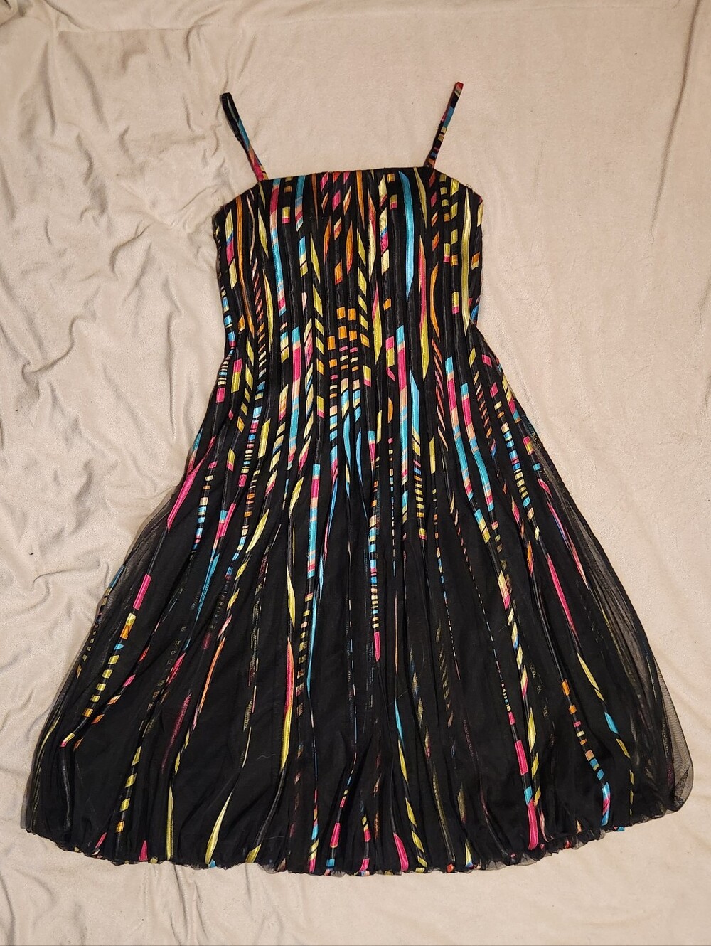 Frank Lyman Y2K Rainbow Ribbon Mesh Bubble Hem Dress Size 4 Retro Cocktail Mini
